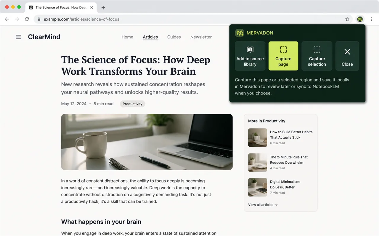 Mervadon page tools with options to capture a full page or selected content